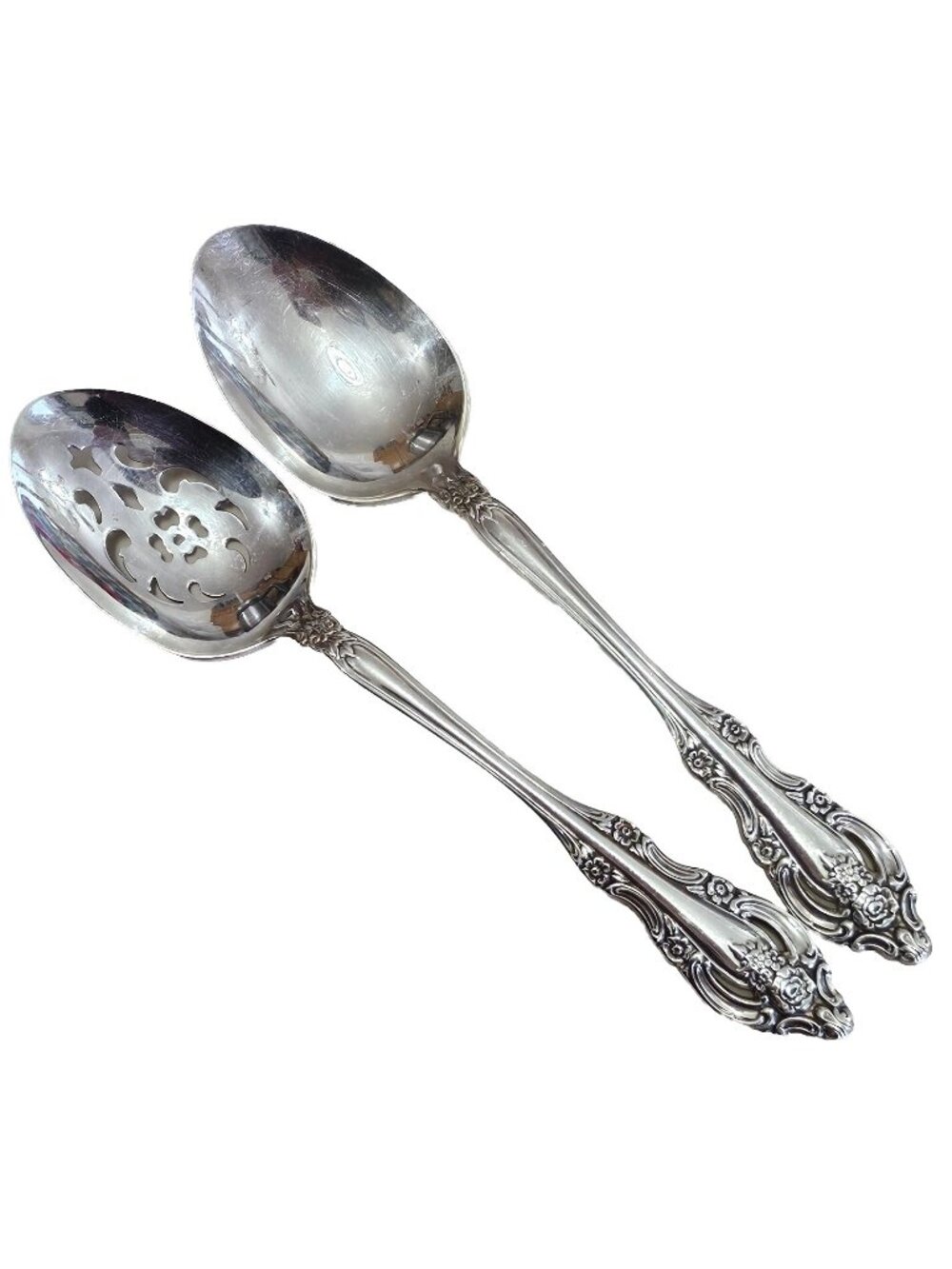2 Oneida Silver Artistry Serving Spoons 8.5" slotted silverplate ornate floral